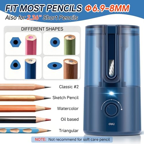 Deli Electric Pencil Sharpener, Fully Automatic Pencil Sharpener for 6.9-8mm No.2 & Colored Pencils, Auto in & Out, Rechargeable Hands-Free Sharpener for Classroom, Home, Office, Blue