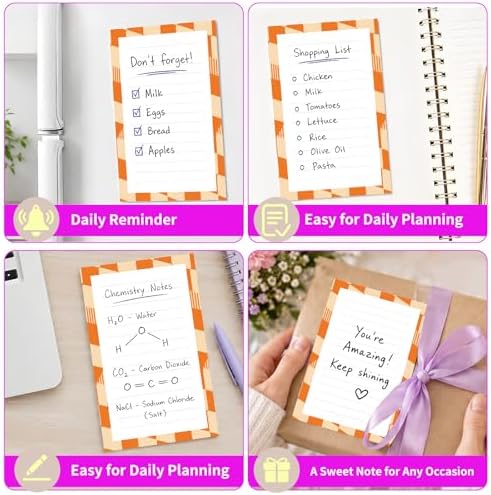 Lined Sticky Notes 4x6 in, 2 Pack Large Cute Notepads with Lines Self-Stick Note Pad, Funny Memo Pads Strong Adhesive for Office, Home Orange Cute Plaid