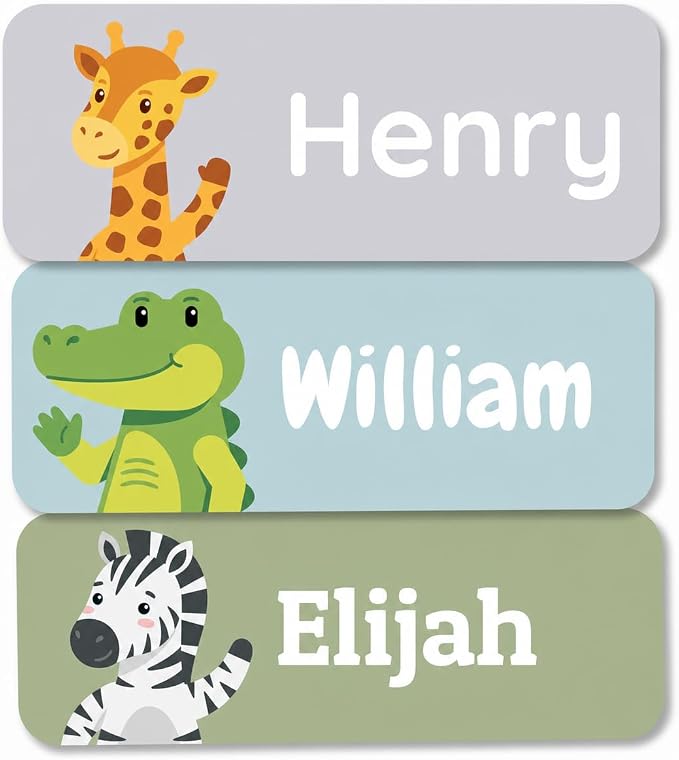 Bunny Badges Personalized Name Labels for Kids (60, 120, or 240 Count) Custom Daycare Labels & Name Stickers for Clothing Tags, Water Bottles, Lunch Boxes and School Supplies (Safari Animals)