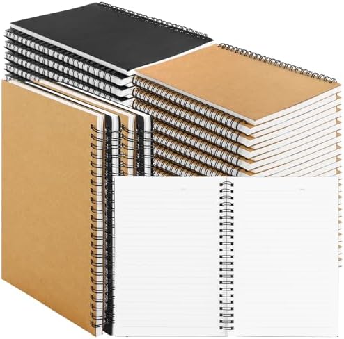 MIVIDE 24 Pack A5 Bulk Spiral Notebooks with Kraft Cover, 8.3 x 5.8 Inch 120 Pages Hardcover Spiral Lined Notebook Journal, Lined Travel Bulk Writing Notebook for School Office Supplies(Black, Kraft)