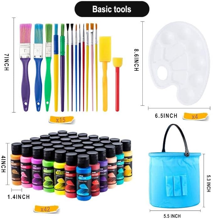 JOYIN Washable Tempera Paint Set for Kids 42PCS, Non Toxic Liquid Paint with 15 Brushes and 4 Palettes - Art Supply for Kids for Arts and Crafts Project, Finger Painting (2 oz Each), School Project Art Supplies