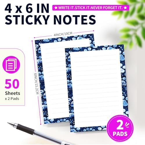 Lined Sticky Notes 4x6 in, 2 Pack Large Cute Notepads with Lines Self-Stick Note Pad, Funny Memo Pads Strong Adhesive for Office, Home Cute Purple Dog Paws
