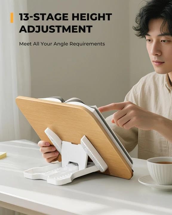 SupeDesk Adjustable Book Stand for Reading, Book Holder with 13 Height Levels, Hands-Free Desktop Book Stand with Page Clips, Foldable Book Stand for Textbooks, Cookbooks, Tablets & Study