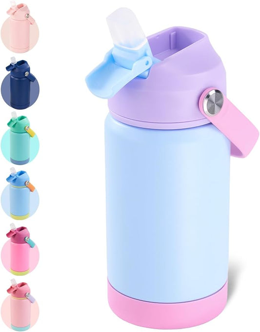 Kerilyn 12oz Kids Water Bottle, Stainless Steel Insulated Water Bottle for Kids, Toddler Cup with Straws Leak-Proof, Toddler Water Bottles for School Boys Girls, BPA Free, Cerulean