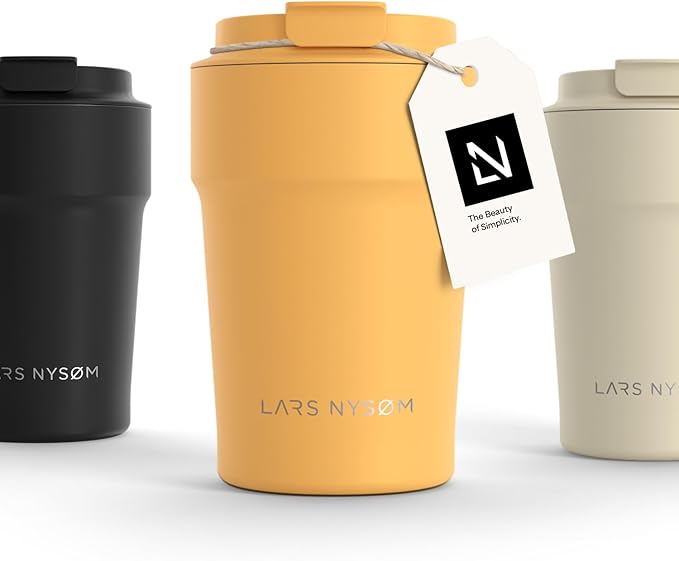 LARS NYSØM Thermo Coffee Mug to go 13oz | Travel Mug 0.38 Liter with Insulation | Leak Proof Stainless Steel Thermal Tumbler for Coffee and Tea on the Go (Mustard Yellow, 12.9oz)