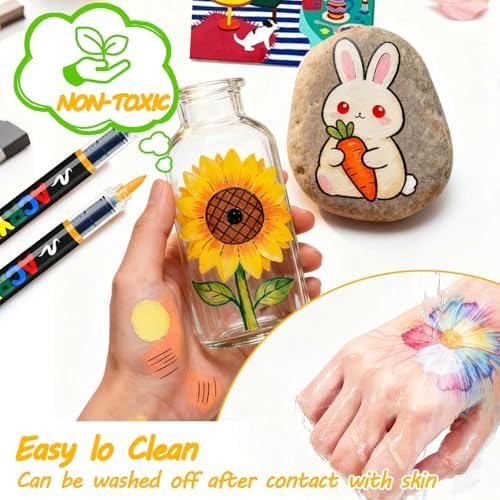 36 Colors Acrylic Paint Markers Brush Tip, Colored Paint Pens Set with Direct-Liquid Ink Control System, Water-Based Coloring Markers for Pumpkin Decorating Kit, Rock, Fabric, Wood, Wood, Art Supplies