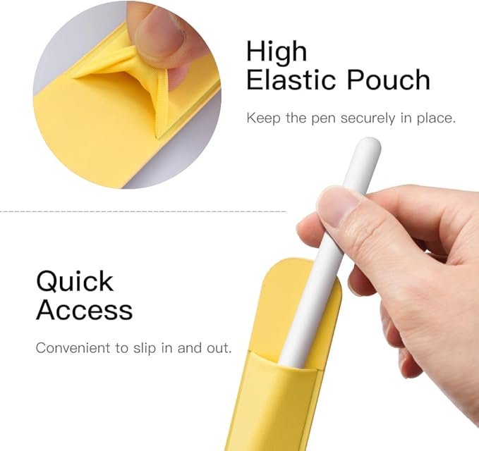 MoKo Pencil Holder Sticker Fit Apple Pencil Pro/ (USB-C)/ 1st/ 2nd Generation, Elastic Pencil Pocket Pouch Adhesive Sleeve Attached to iPad Case for Stylus Pens, 2 Pieces Light Yellow