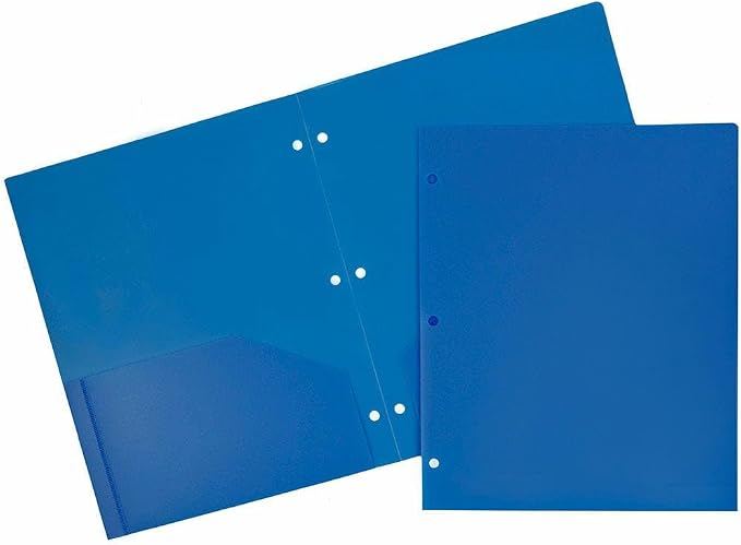 JAM PAPER Heavy Duty Plastic 3 Hole Punch Pocket Folders - Extra Tough School Folders - Blue - 12/Pack