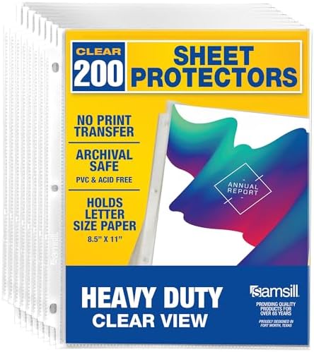 Samsill 200 Pack Heavy Duty Sheet Protectors, Crystal Clear, 8.5x11 Inch Page Protectors for 3 Ring Binder, Letter Size Protectors, Reinforced Holes, Clear Protector, Top Loading, Acid Free