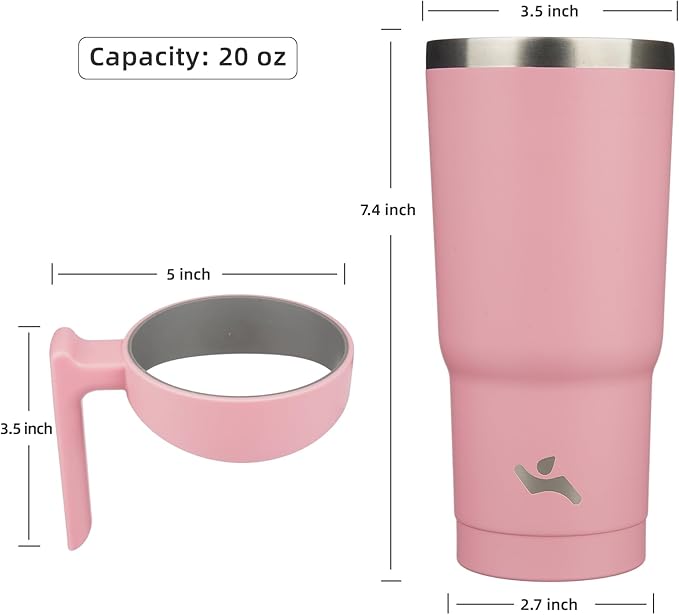 Konokyo 20 oz Tumbler with Handle and 2 Straw 2 Lid, Insulated Water Bottle Stainless Steel Vacuum Cup Reusable Travel Mug, Light Pink