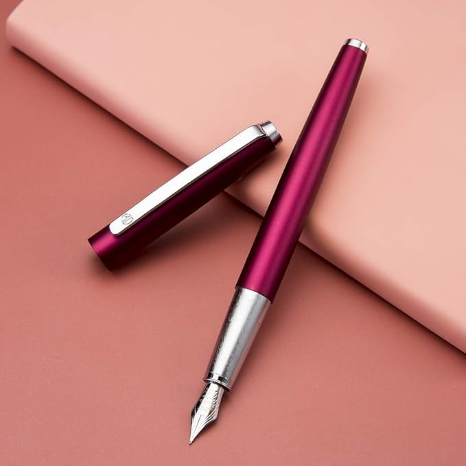 HongDian 525 Purple Metal Fountain Pen Bent Nib, Calligraphy Fude Pen 0.6mm with Converter and Metal Box Set