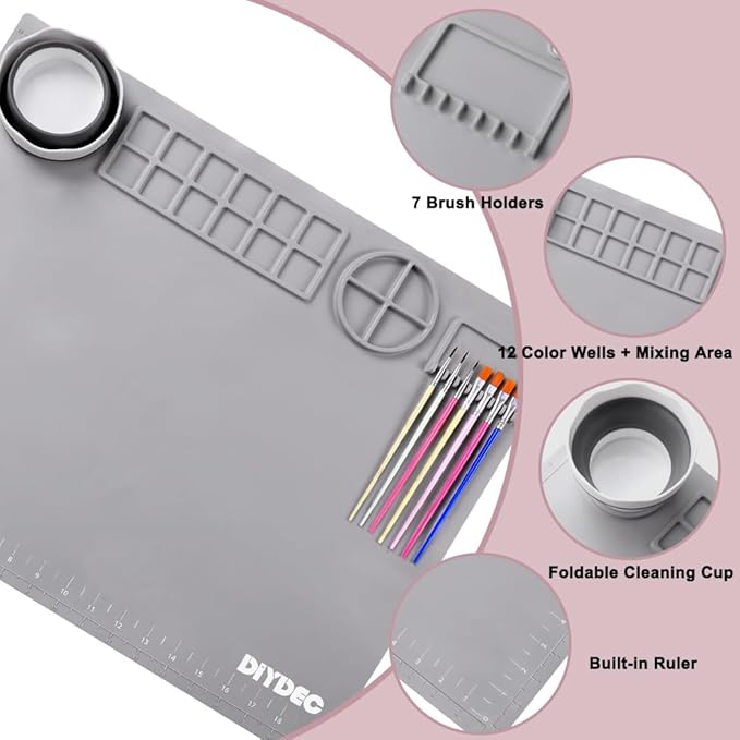 DIYDEC Silicone Craft Mat for Kids 20X16 Inch Large Silicone Art mat with Detachable Cup Painting Mat with 10 Painting Brushes Silicone Mat for Boy Girl DIY Gift Accessories (Grey)