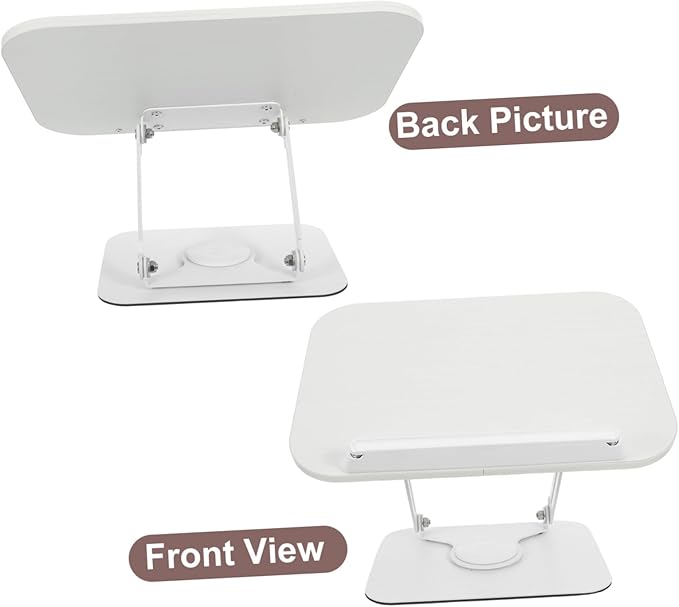 Adjustable Wooden Book Stand with 360° Rotation and Height Lift, Portable Desktop Reading and Recipe Display Holder for Cookbooks, Magazines, and Textbooks, White