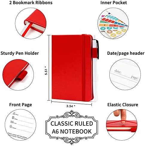 feela 3 Pack Pocket Notebook Journals with 3 Black Pens, A6 Mini Cute Small Journal Notebook Bulk Hardcover College Ruled Notepad with Pen Holder for Office School Supplies, 3.5”x 5.5”, Red