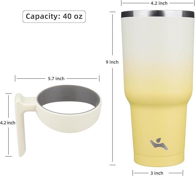 Konokyo 40 oz Tumbler with Handle and 2 Straw 2 Lid, Insulated Water Bottle Stainless Steel Vacuum Cup Reusable Travel Mug,Lemon