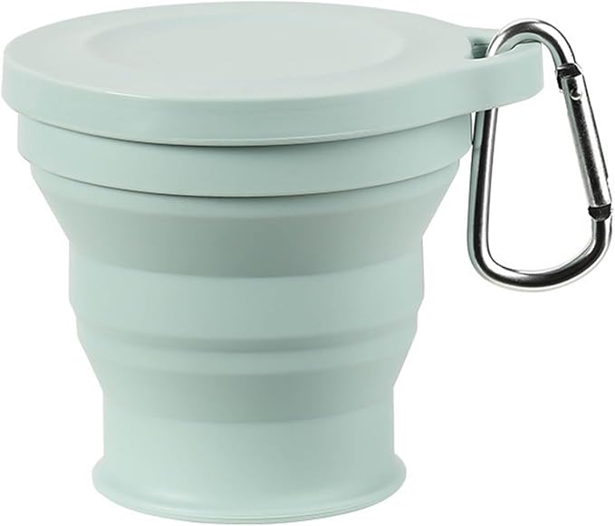 Silicone Travel Mug Folding Camping Cup with Lid Carabiner Expandable Drinking Cups Outdoor Hiking Camping Silicone Cups, Green