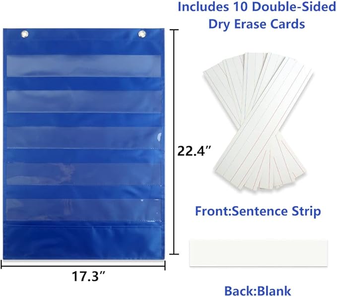 Mewise Pocket Chart with 10 Double Sided Sentence Strips, Activities, Class Demonstrations, Standards Pocket Chart, 420D Polyester, Blue