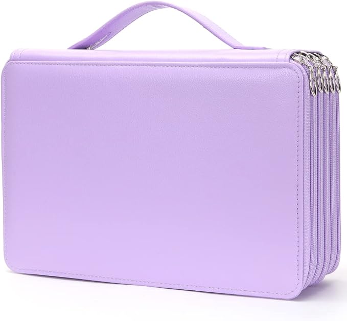 Vomgomfom 252 Slots Pencil Bag, 5-Layer Zipper Art Supply Organizer, PU Leather Portable Colored Pencil Case with Handle for 252 Watercolor Pens, Gel Pens (Purple)