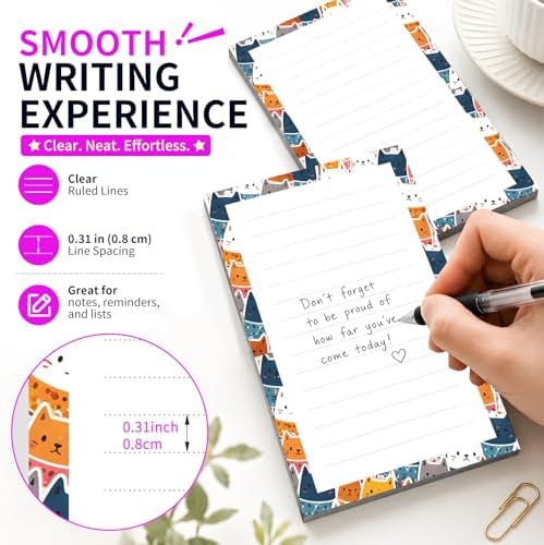 Lined Sticky Notes 4x6 in, 2 Pack Large Cute Notepads with Lines Self-Stick Note Pad, Funny Memo Pads Strong Adhesive for Office, Home Cute Colorful Cats