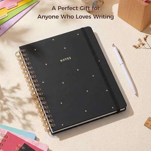 Hardcover Spiral Notebook Journal for Women & Men, Cute 5 Subject Notebook College Ruled for School & Work, Black Journaling Notebooks with Removable Dividers Tabs, 8" x 10", 300 Pages, Night Stars