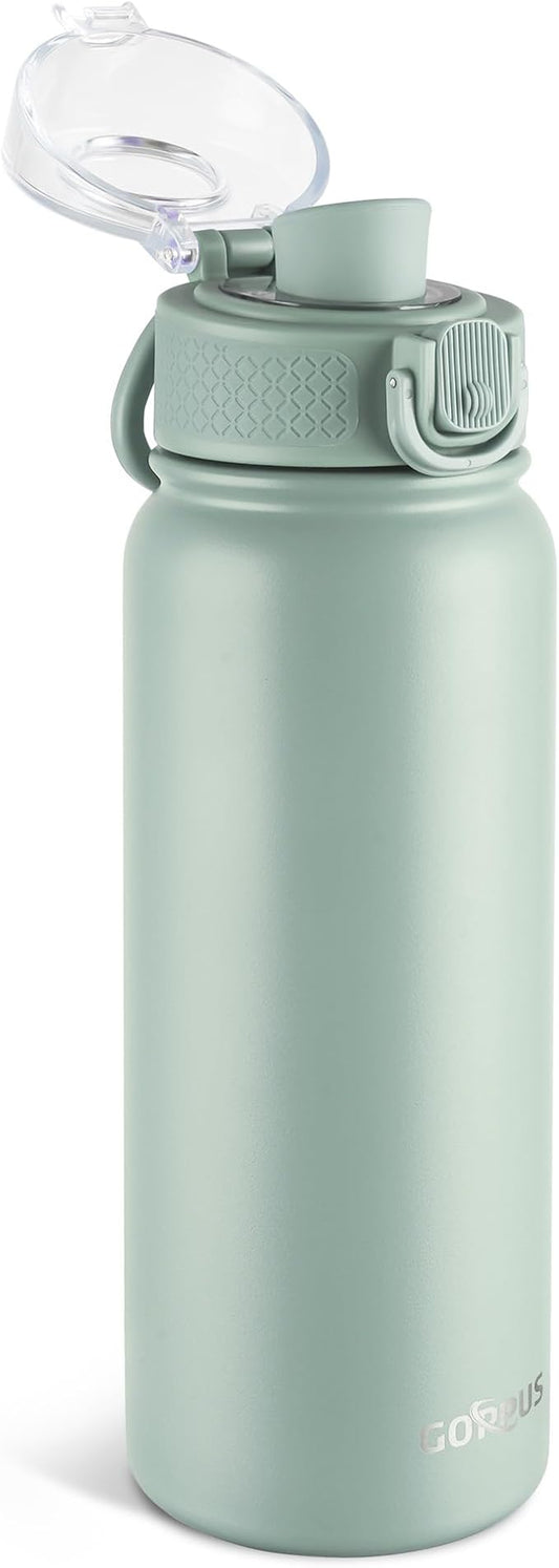 GOPPUS Insulated Water Bottle 20oz Stainless Steel BPA-Free Sports Bottle Ideal for School and Travel Silicone Spout Lid Prevents Leaks, Sweat, and Dust (Light green)