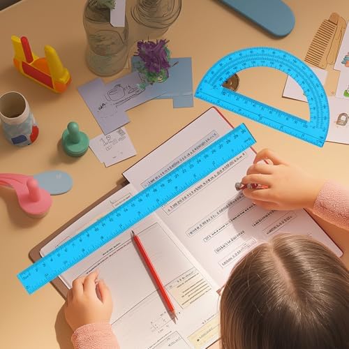2 Packs 12 Inch Plastic Ruler and 6 Inch Plastic Protractor Set Clear Math Geometry Set Classroom Set Angle Detector School Supplies Classroom Ruler Home Office Drawings (Blue)