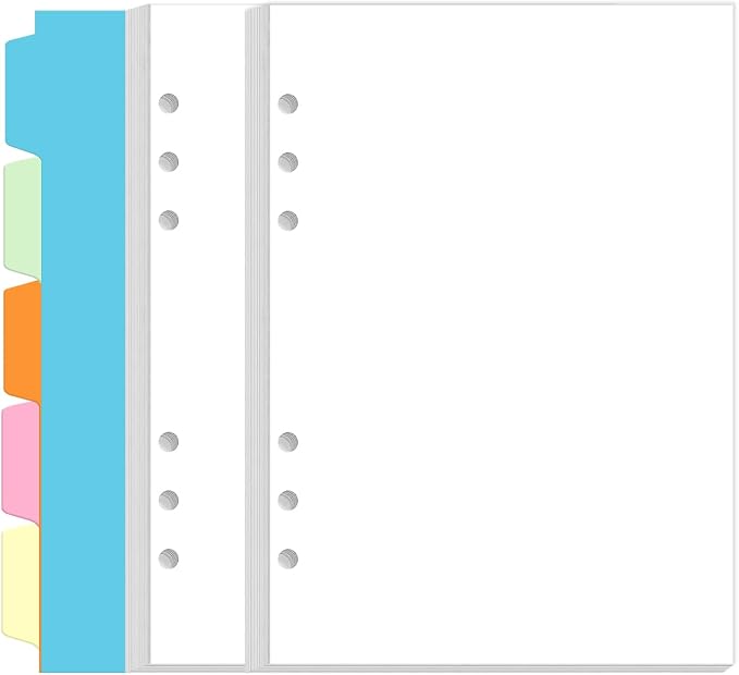 A5 Blank Paper Refill - 6 Hole Planner Inserts for A5 Binder, 200 Pages 6 Ring Loose Leaf Blank Paper with 5 Colorful Binder Dividers, 5.8" x 8.5"