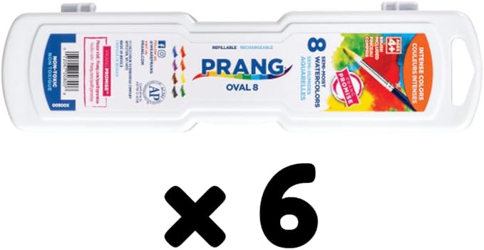 Prang Semi-Moist Watercolors 8-Color Refillable Oval Pan Set with Size 6 Paintbrush, Pack of 6