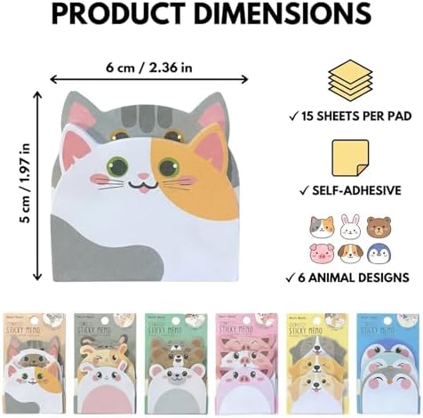 Cute Sticky Notes 6 Pack – 270 Sheets Mini Self Adhesive Memo Pads, Kawaii Cartoon Sticky Notes for Planner, School Supplies, Office Desk, Bookmark Tabs, Bear Cat Rabbit Pig Dog Penguin Shape