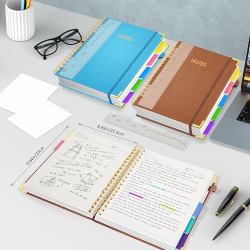 Hardcover Spiral Notebook Journal, 8"x10" Large B5 Notebooks with Removable Dividers Tabs, 300 Pages Leather 5 Subject Notebook College Ruled, Lined Journal for Women Work School Note Taking, Brown