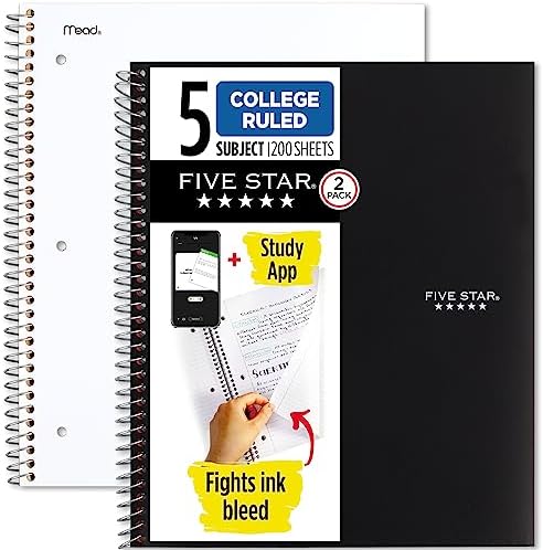 Five Star Spiral Notebooks Plus Study App, 2 Pack, 5 Subject, College Ruled Paper, 11" x 8-1/2", 200 Sheets, Black & White (73035)