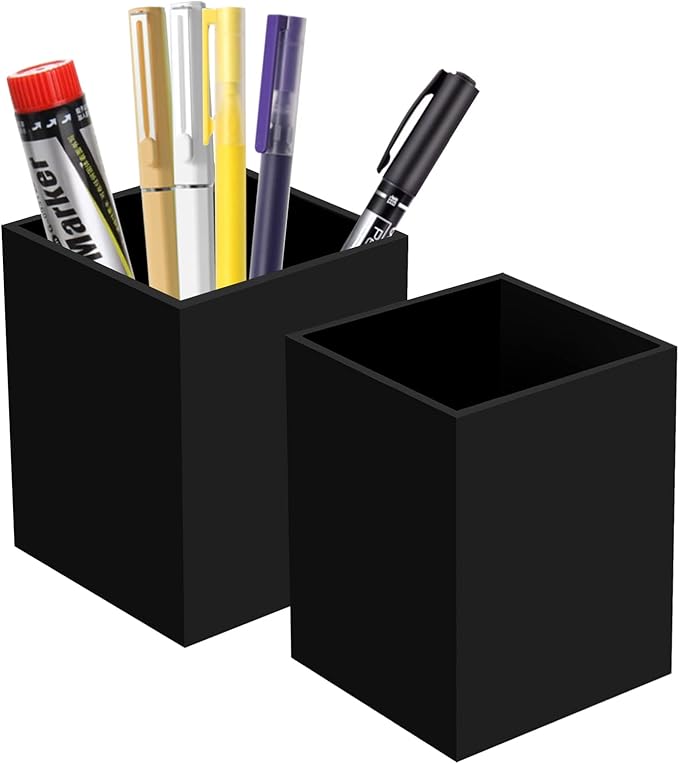 Ptaedex 2 Pack Acrylic Pen Pencil Holder, Black Makeup Brush Holder Cup Storage Office Desktop Desk Table Stationery Organizer