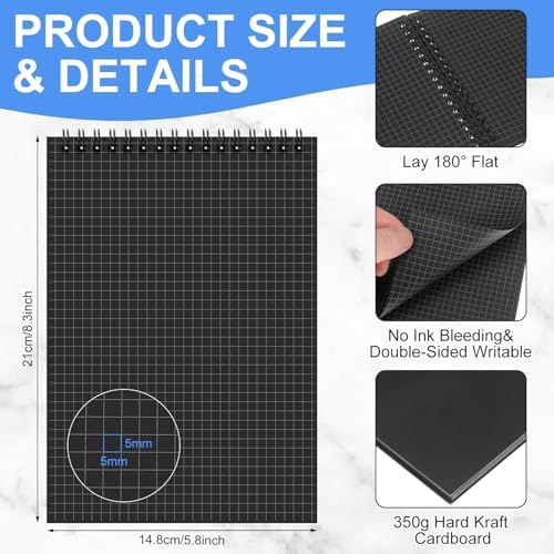 Engrowtic 2 Pack Graph Paper Spiral Notebook A5,Black(internal Black)
