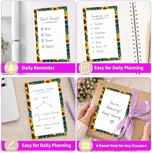 Lined Sticky Notes 4x6 in, 2 Pack Large Cute Notepads with Lines Self-Stick Note Pad, Funny Memo Pads Strong Adhesive for Office, Home Cute Sunflower Butterfly