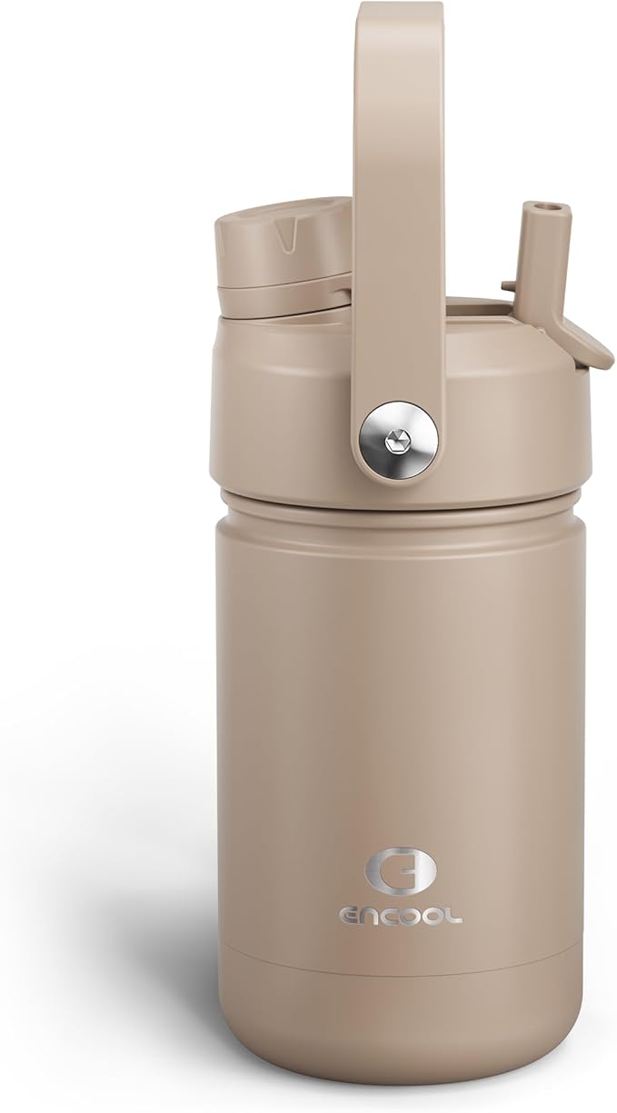 Kids Insulated Water Bottle with Straw - 12oz Stainless Steel Water Bottle with Dual Spouts, Leak-Proof, BPA-Free, Double Wall Vacuum Keeps Cold for 24 Hours for Sports, Travel, School (Raw Umber)