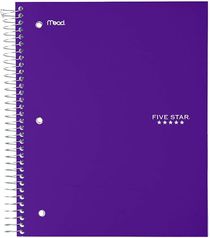 Five Star Spiral Notebook + Study App, 5 Subject, Wide Ruled Paper, 8" x 10-1/2", 200 Sheets, Fights Ink Bleed, Water Resistant Cover, Amethyst Purple (38739) (Pack of 6)