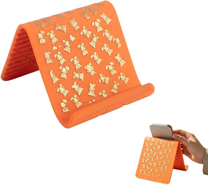 Silicone Phone Stand with Aluminum, Foldable Multi-Angle Adjustable Holder, Anti-Slip Desktop Stand for Phone Tablet Laptop, Portable Roll-Up Stand for Travel & Office (Orange#3)