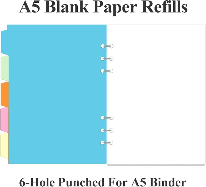 A5 Blank Paper Refill - 6 Hole Planner Inserts for A5 Binder, 200 Pages 6 Ring Loose Leaf Blank Paper with 5 Colorful Binder Dividers, 5.8" x 8.5"