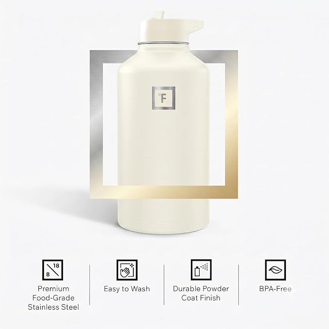 IRON °FLASK 64 oz Wide Mouth Water Bottle with Straw | Insulated Half Gallon Water Bottle with Leakproof Straw Lid - BPA Free, Cold 24 Hrs, Sweat Free (Cashmere Cream)