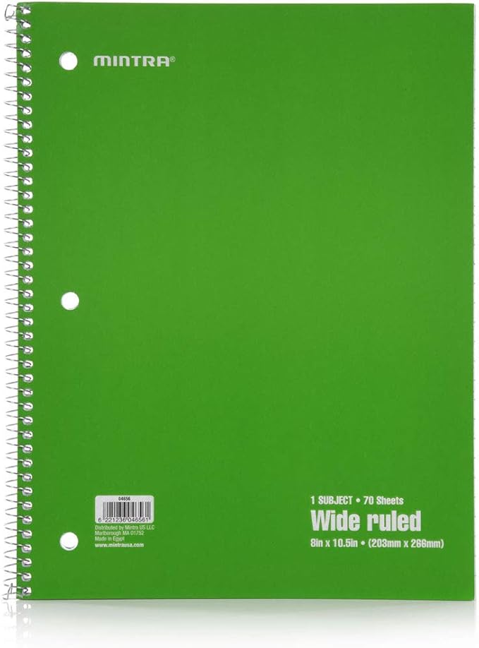 Mintra Office Spiral Notebooks Set - Primary Colors, Wide Ruled, Journals for School, Work, Business, Aesthetic Stationery, Writing Pads, Teacher & Student Supplies, 70 Sheets Each, 6-Pack