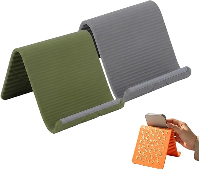 Silicone Phone Stand with Aluminum, Foldable Multi-Angle Adjustable Holder, Anti-Slip Desktop Stand for Phone Tablet Laptop, Portable Roll-Up Stand for Travel & Office (Green+Grey)
