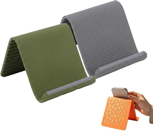 Silicone Phone Stand with Aluminum, Foldable Multi-Angle Adjustable Holder, Anti-Slip Desktop Stand for Phone Tablet Laptop, Portable Roll-Up Stand for Travel & Office (Green+Grey)