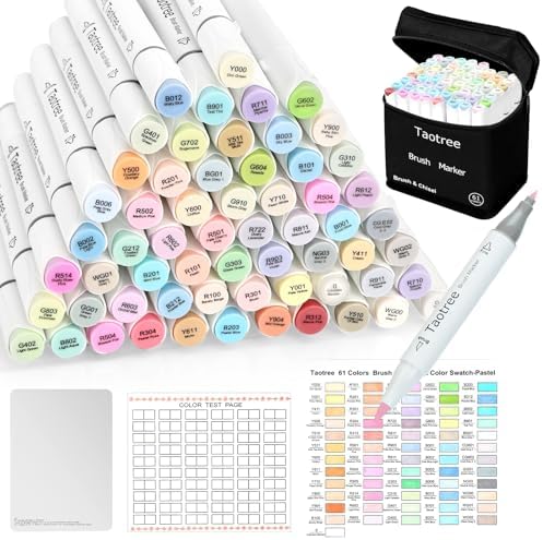 Taotree Alcohol Markers Brush Tip, 61 Pastel Colors Dual Tip Brush Markers