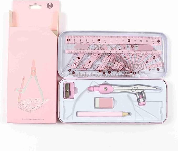 Geometry Set, Pencil for Compass, Pencil Sharpener, Rulers, Straight Ruler, Protractor, Graphic Compass, White Eraser Shatterproof Storage Box Protractor, Math Geometry Kit Drawing Tools (Pink)