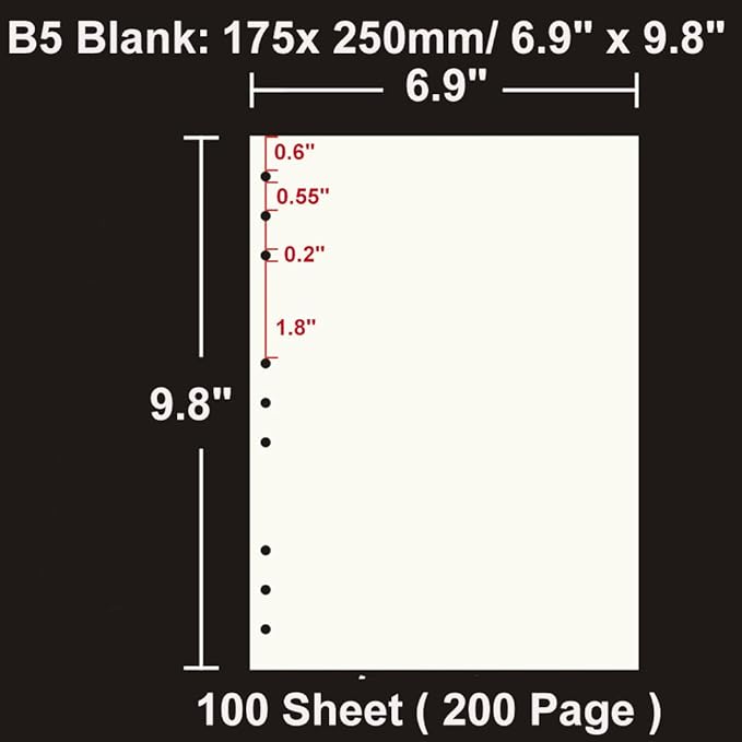 B5 Refill Paper 9 Hole Punched Filler Paper Refills for B5 Loose Leaf Notebook Travel Journal Personal Diary Planner Binder Scrapbook, 80 Sheet, 160 Page, Blank Paper, 6.9 Inches x 9.8 Inches