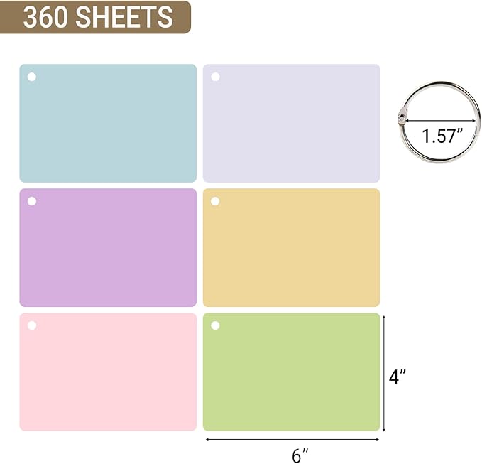 zmybcpack 6 Pack Blank Index Cards 4 x 6 Inches, 360 PCS Colored Blank Index Flashcards Blank Flash Cards with Rings, Note Cards Punched for Study, Office and Home