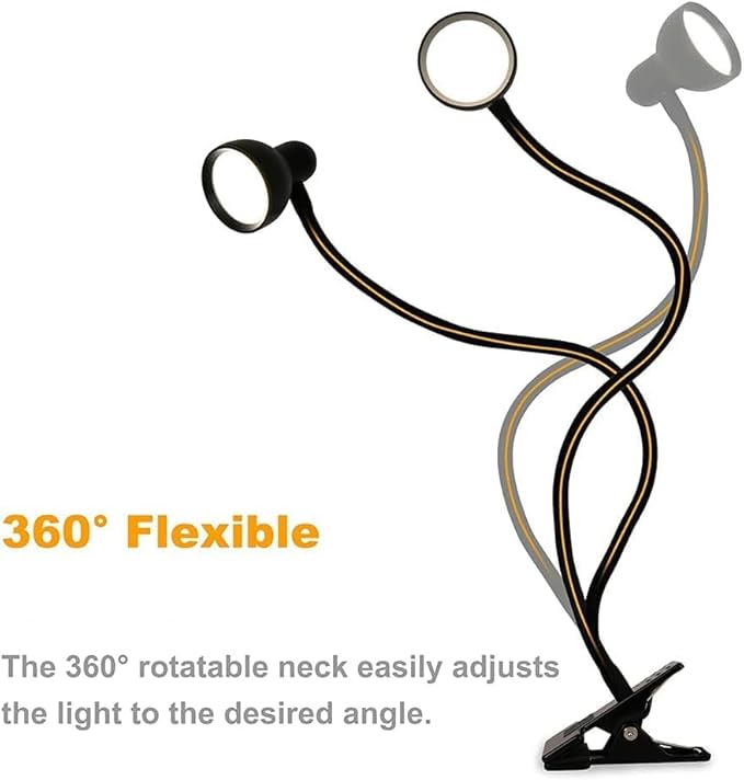 Clip on Light Reading Light for Bed 3 Color Modes 10 Dimmable Brightness Eye Care Clamp Desk Lamp 360° Flexible Desk Book Light for Reading Bed Headboard Computer Black