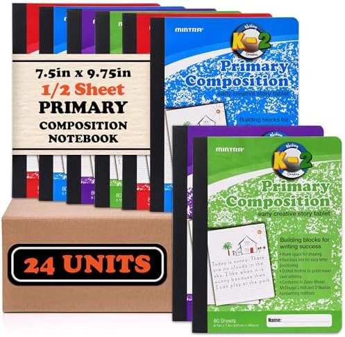 Mintra Primary Composition Notebook, 24 units 6-4 Pack, Assorted Colors, 80 Sheets, 7.5in x 9.75in, 1/2 Sheet, Ruled with Drawing Area, Flexible Hardcover Journal, Grades K-2, School & Home Use