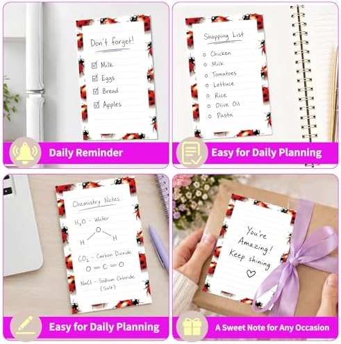 Lined Sticky Notes 4x6 in, 2 Pack Large Cute Notepads with Lines Self-Stick Note Pad, Funny Memo Pads Strong Adhesive for Office, Home Cute Ladybirds
