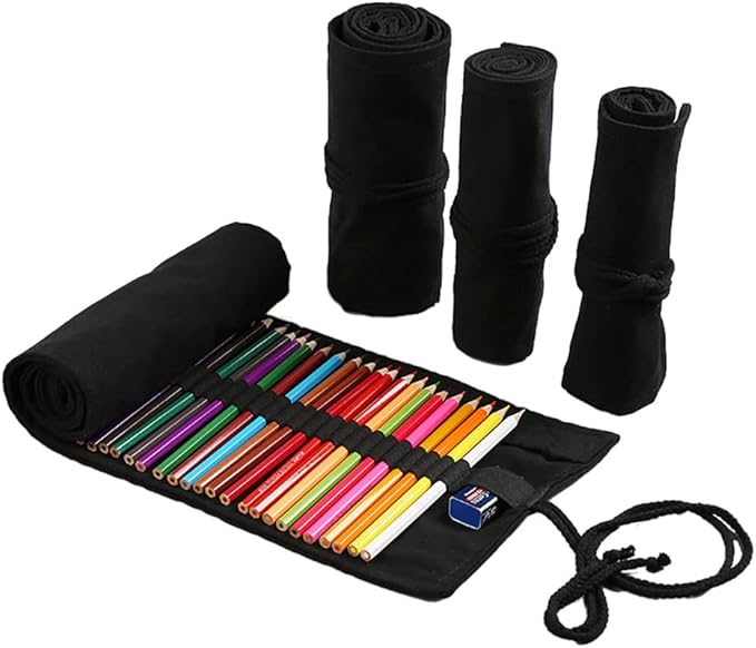 DIYOMR 24/36/72 Slots Pencil Wrap Pencil Rolls, Artist Colored Pencils Roll Up Bag Short Brushes Pouch Case Pencils Organizer for Drawing Coloring and Sketching (Black, 24slots)